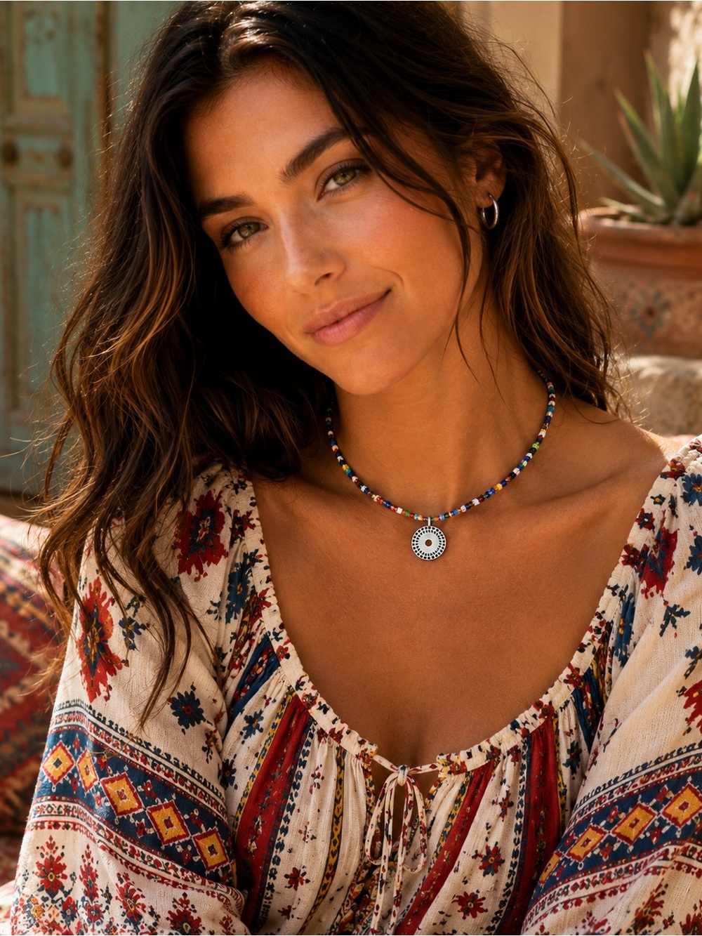 Silpada Vintage Multi Color Beaded Choker with Sterling Disc